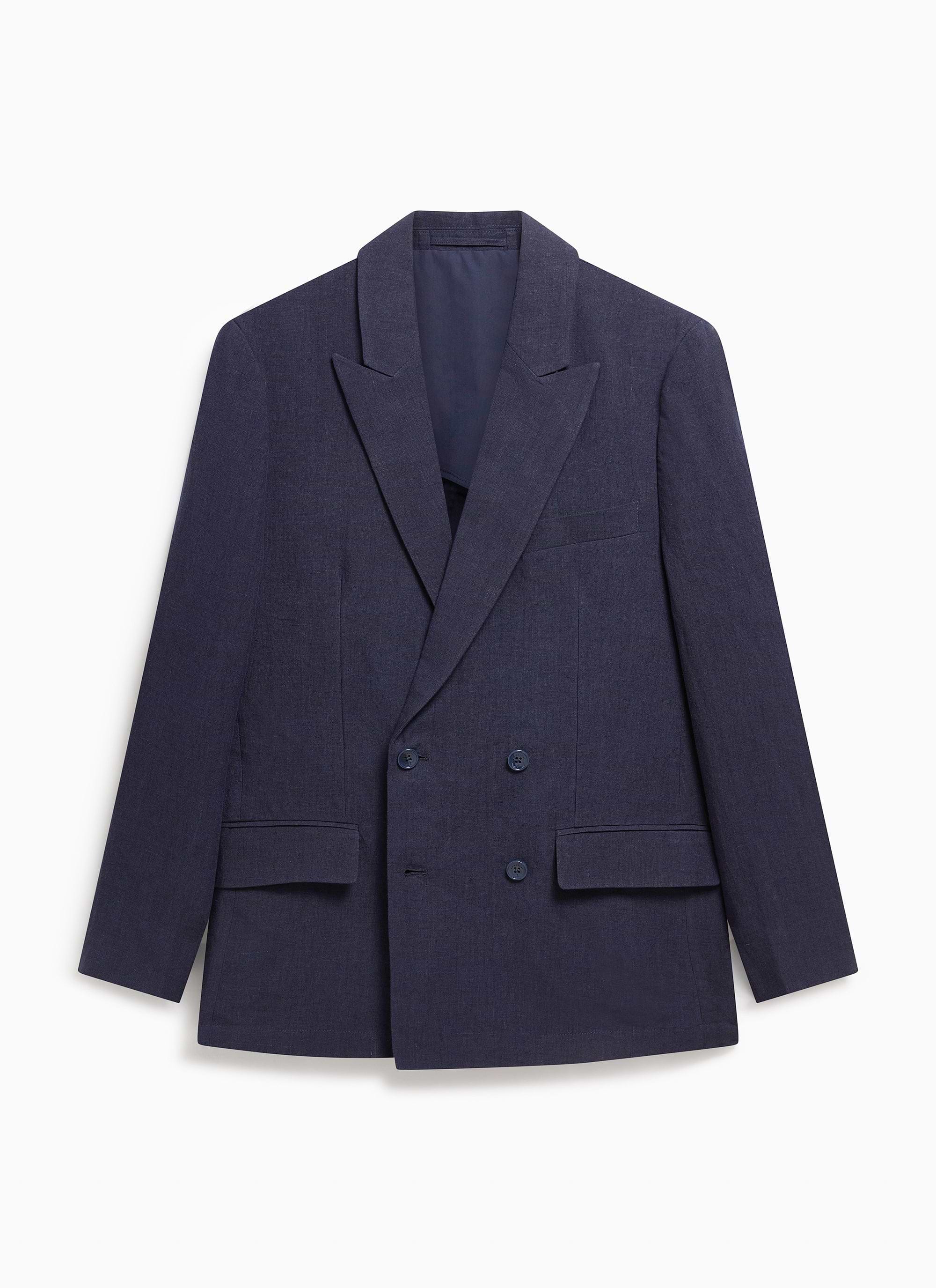 A front view of the Percival men's tailored double-breasted blazer in navy linen, laid flat.