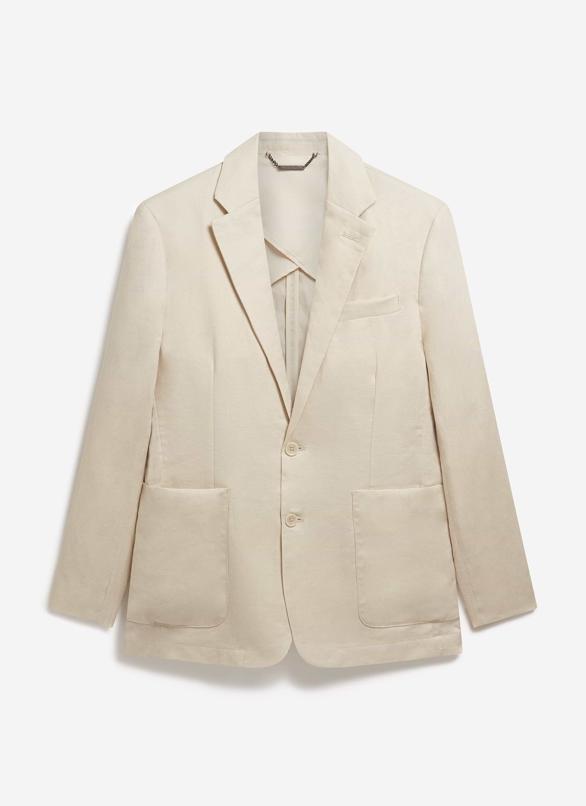 A front view of the Percival men's tailored linen blazer in cream, featuring a two-button closure and patch pockets.