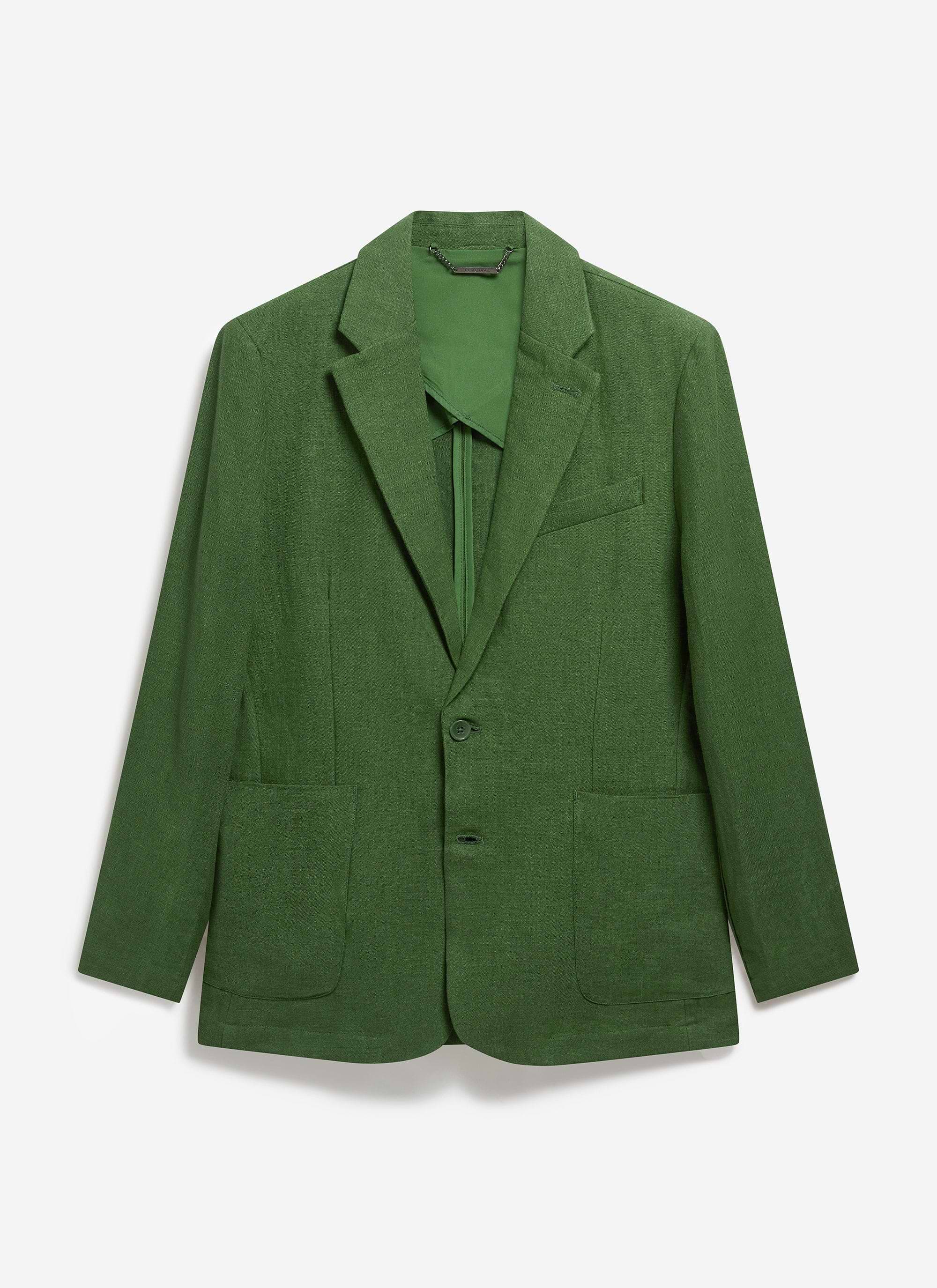 Front view of the Percival Tailored Linen Blazer in forest green, laid flat.