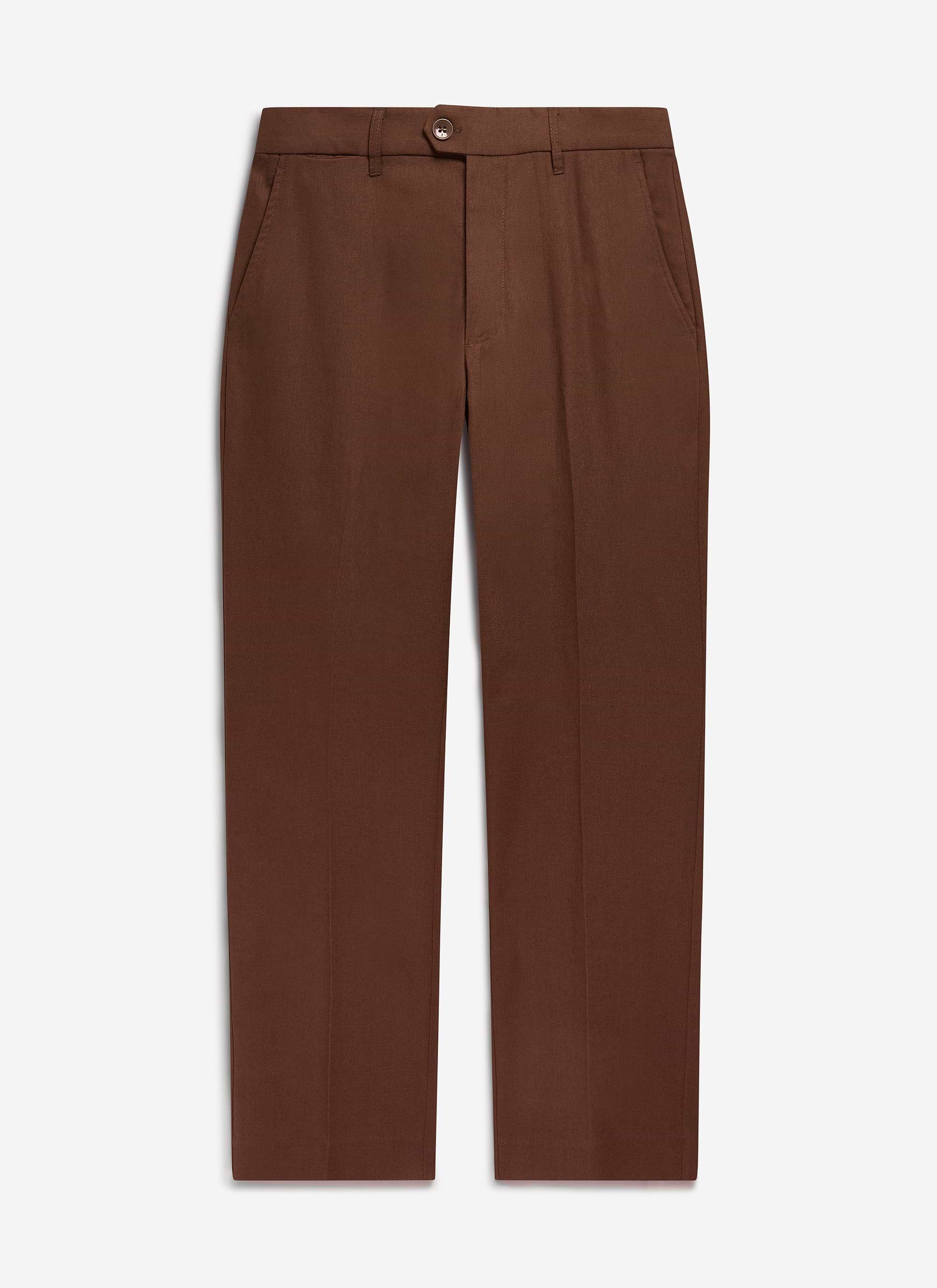 The Percival Tailored Linen Trousers in brown, with a straight leg fit, shown flat from the front.