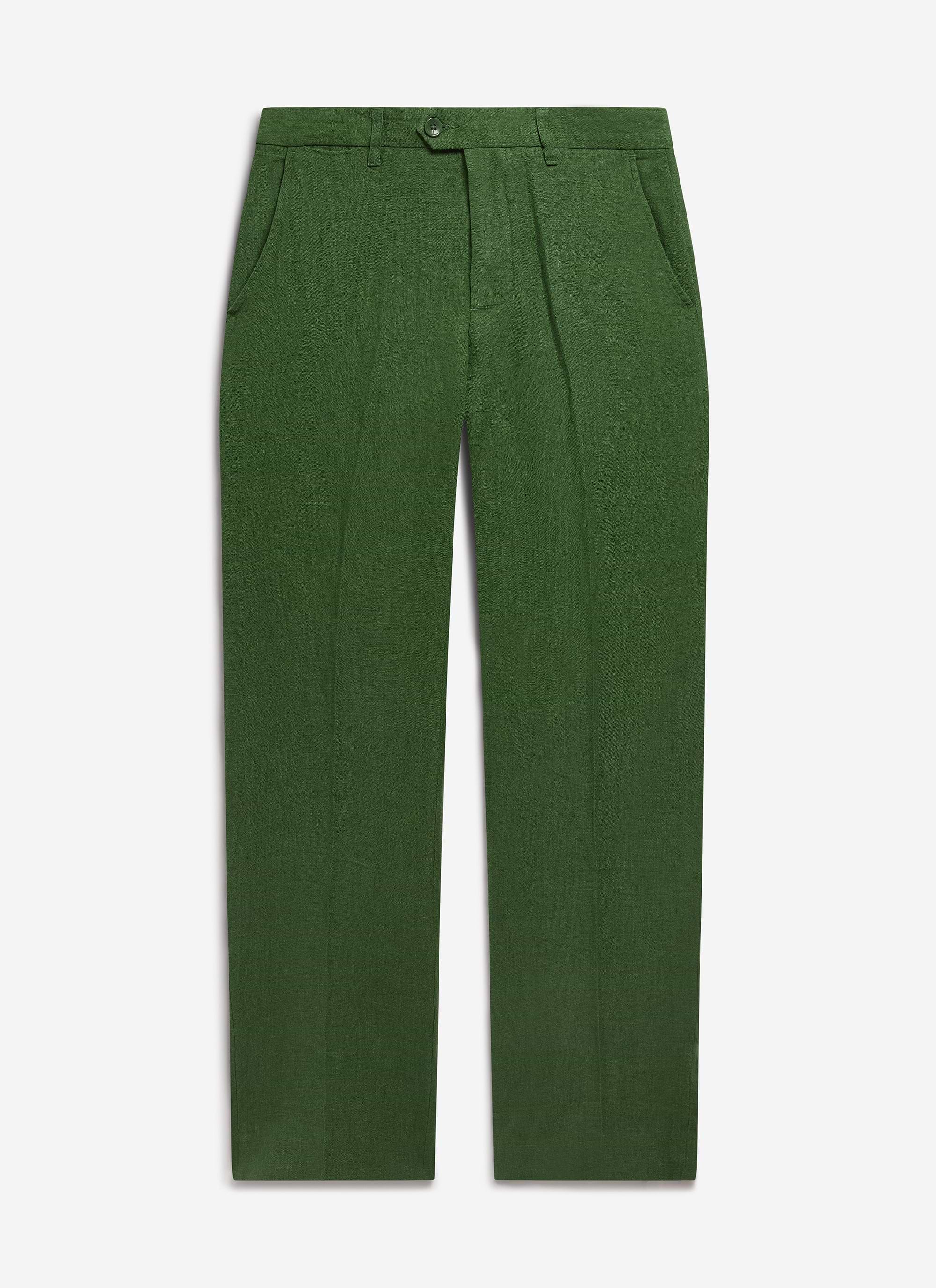 Front view of the Percival Tailored Linen Trousers in forest green, laid flat against a white background.