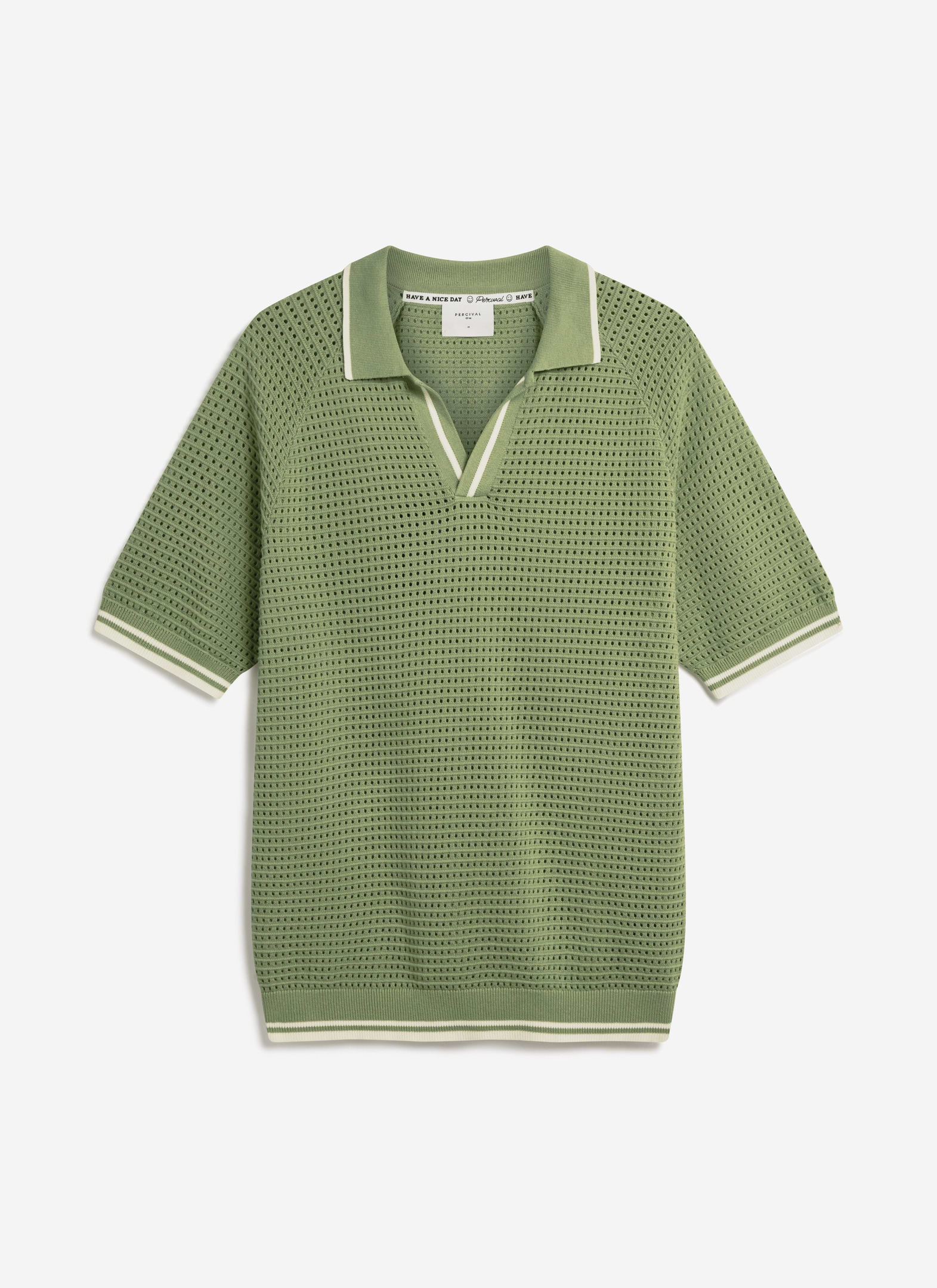 A flat lay of the Percival Tennis Boxy Knitted Polo in sage, featuring a perforated cotton knit and striped details.