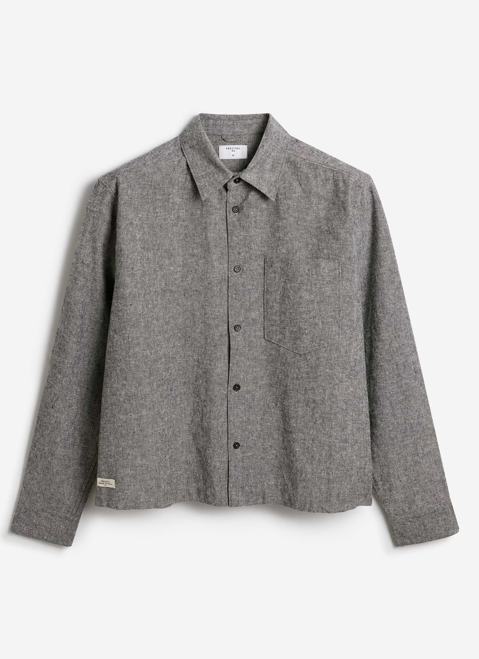 Grey textured boxy shirt by Percival, made from a cotton-linen blend with long sleeves and a chest pocket.