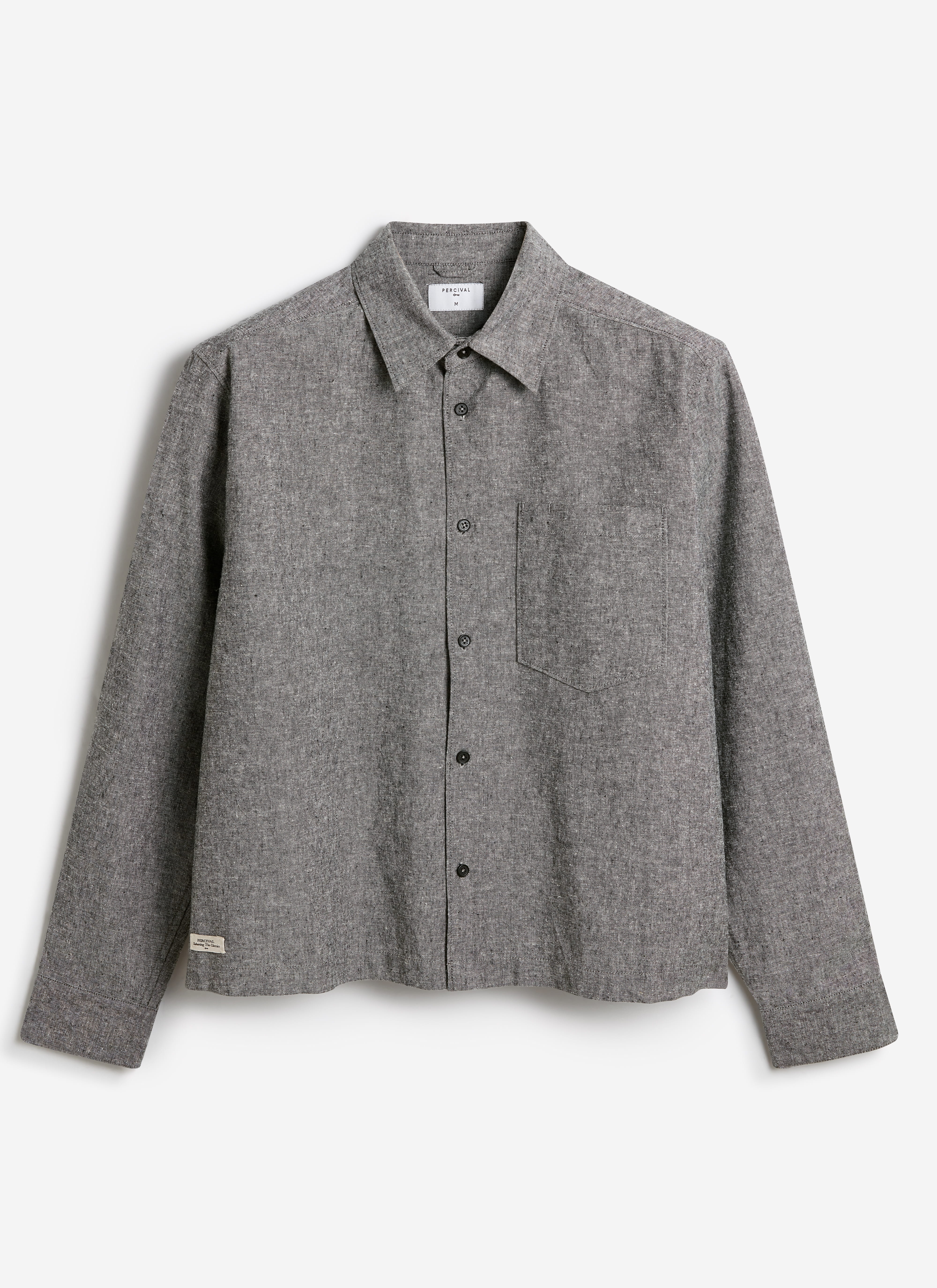 Grey textured boxy shirt by Percival, made from a cotton-linen blend with long sleeves and a chest pocket.