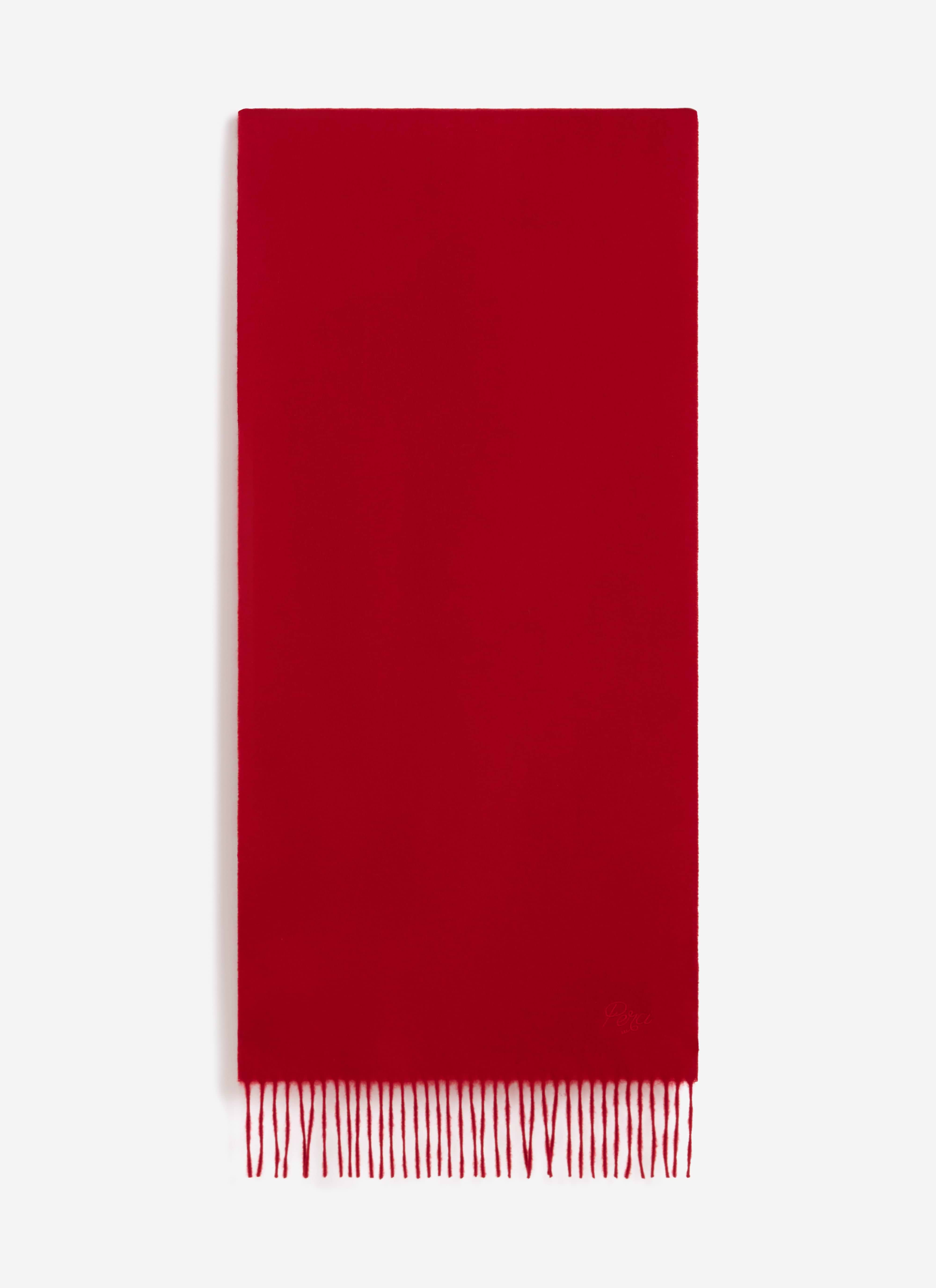 The Percival Tolkein Scarf in red wool, laid flat to show its fringed ends and tonal embroidery.