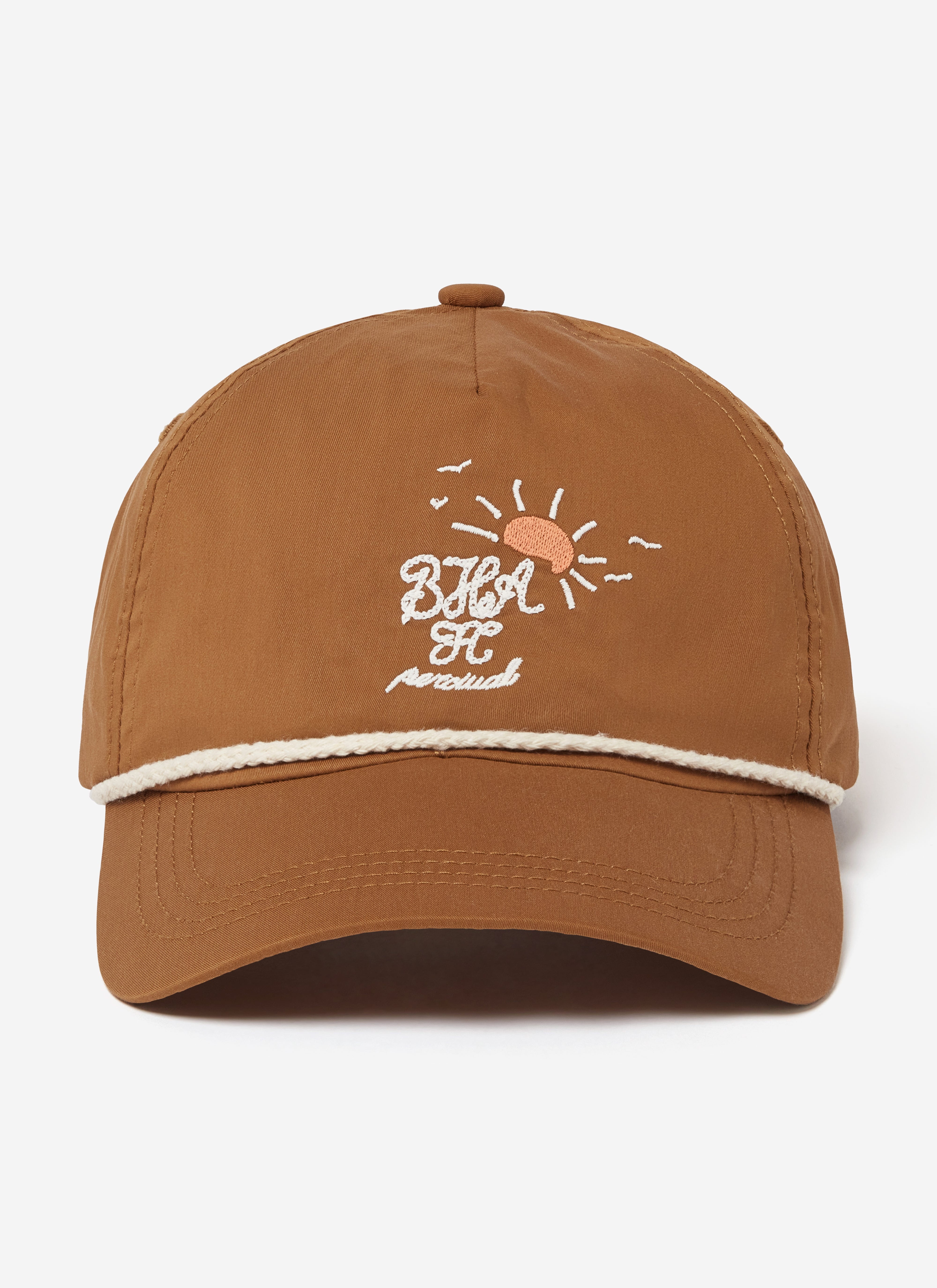 Front view of the rust Percival x Brighton & Hove Albion F.C. trucker cap with white rope trim and custom embroidery.