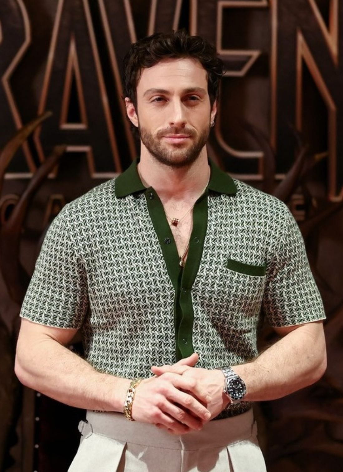 Aaron Taylor-Johnson wearing Percival Menswear knitted shirt at Kraven the Hunter premiere