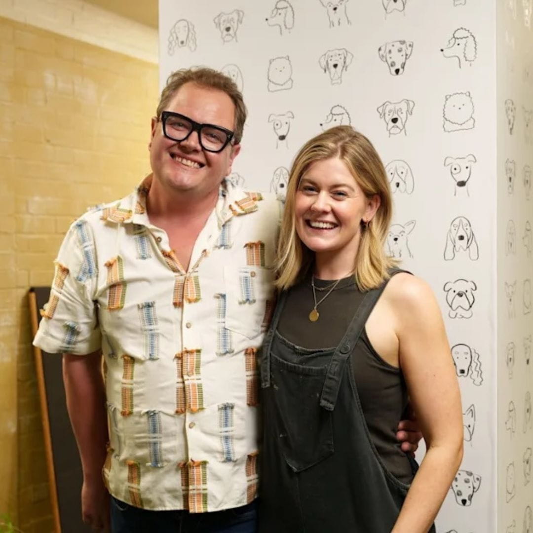 Alan Carr wearing Percival Menswear printed short-sleeve shirt on Interior Design Masters