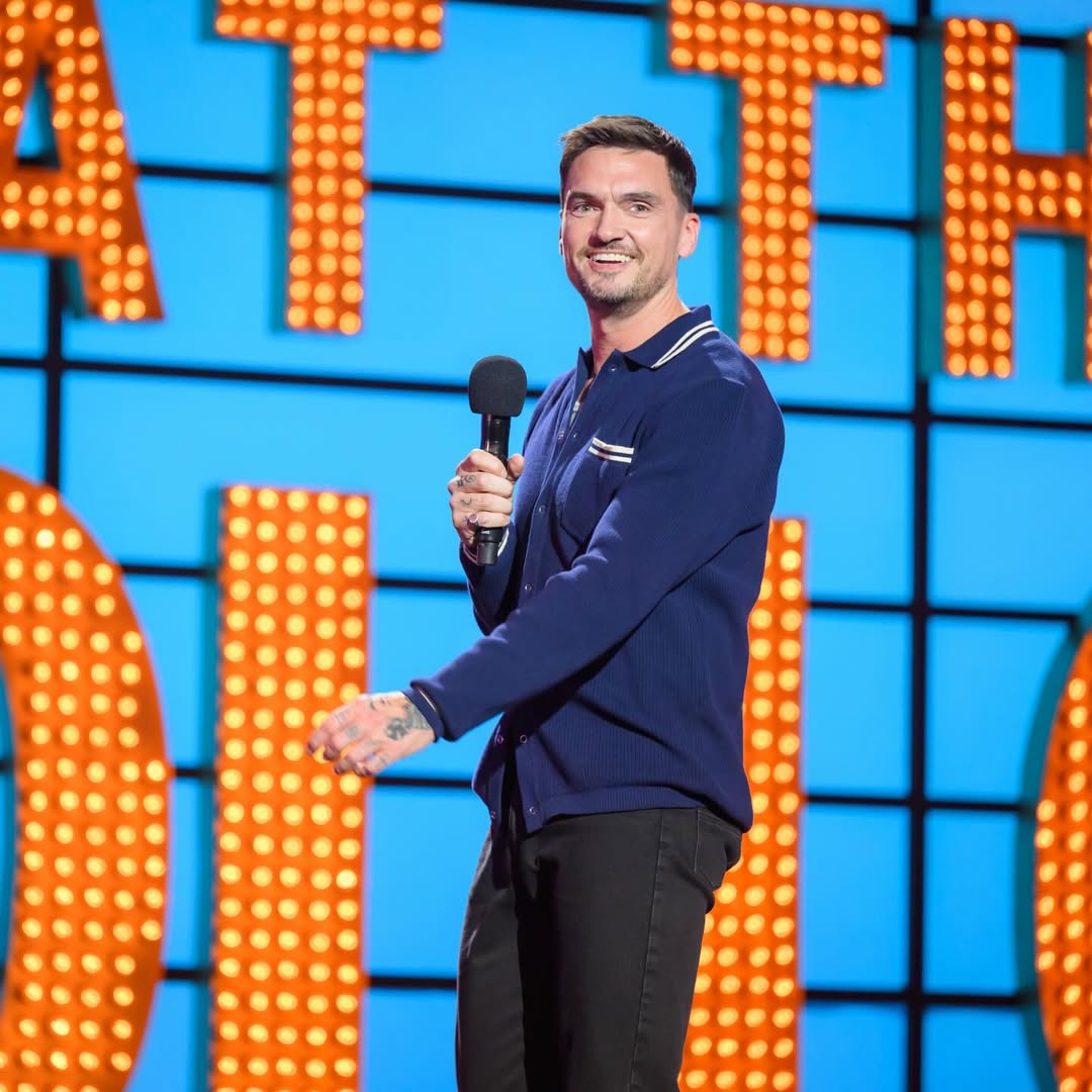 Jack Skipper at the Apollo Theatre wearing Pablo Cotton Knitted Shirt in navy by Percival Menswear