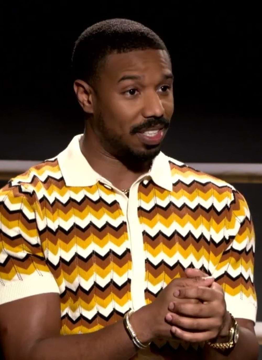 Michael B. Jordan wearing Percival Menswear textured knit shirt