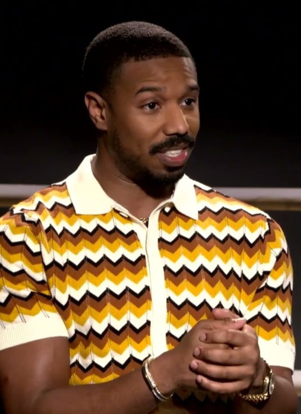 Michael B. Jordan wearing Percival Menswear textured knit shirt