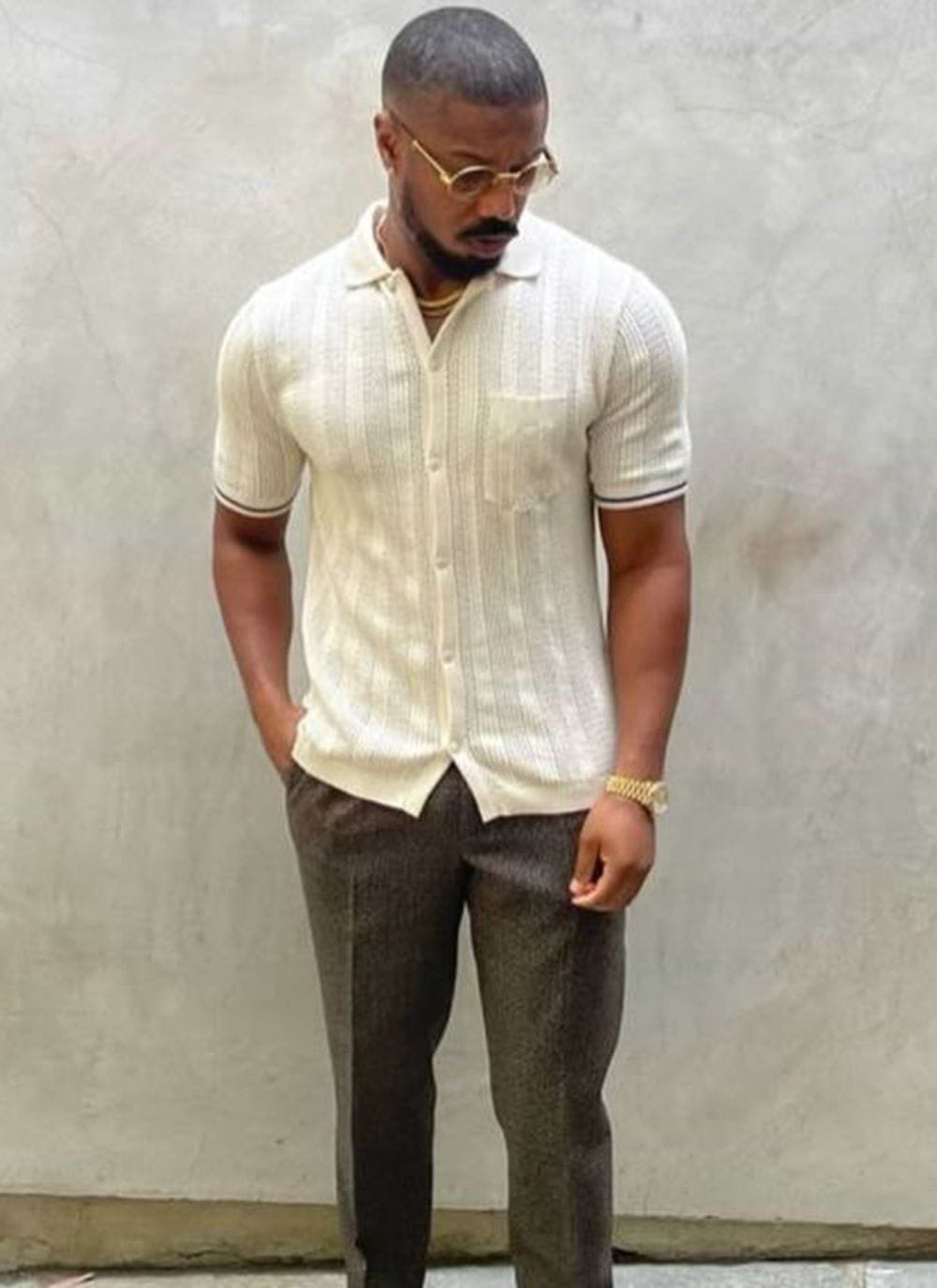 Michael B. Jordan wearing Percival Menswear textured knit shirt