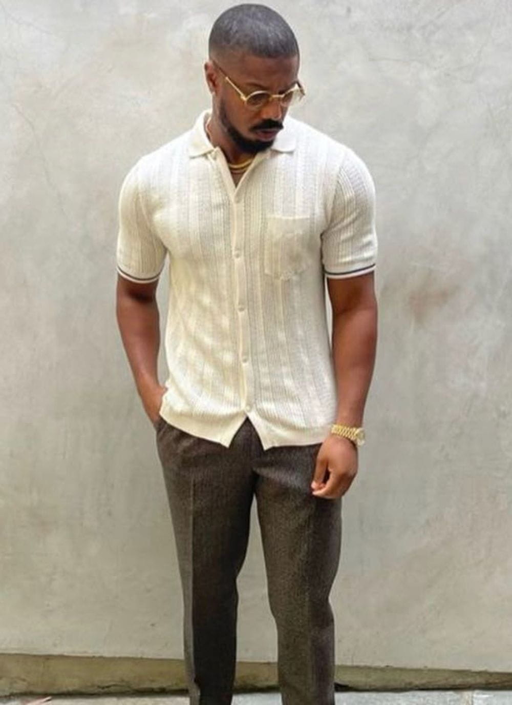 Michael B. Jordan wearing Percival Menswear textured knit shirt