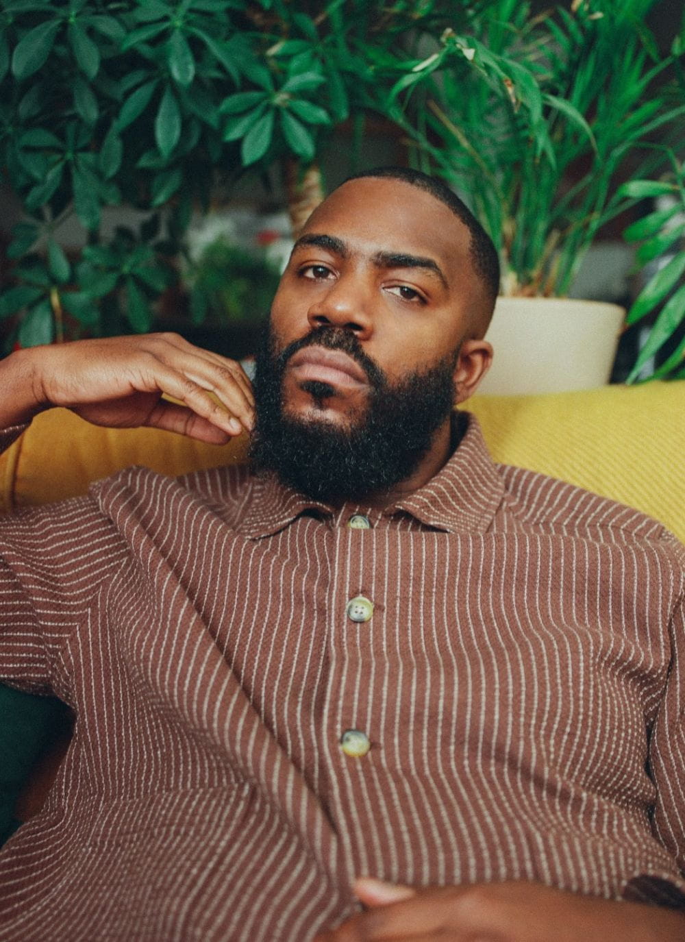 Mo Gilligan wearing Percival Menswear Brown Sorrento overshirt and trousers