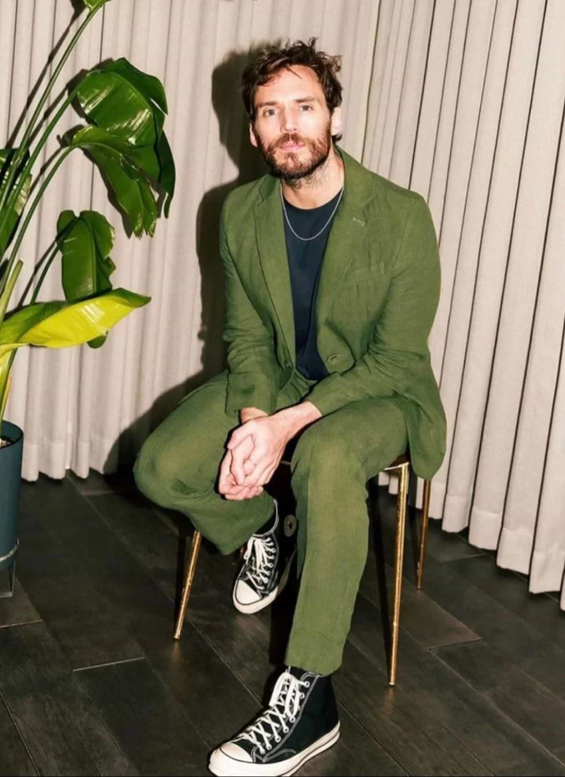 Sam Claflin wearing Percival Forest Green Linen Suit