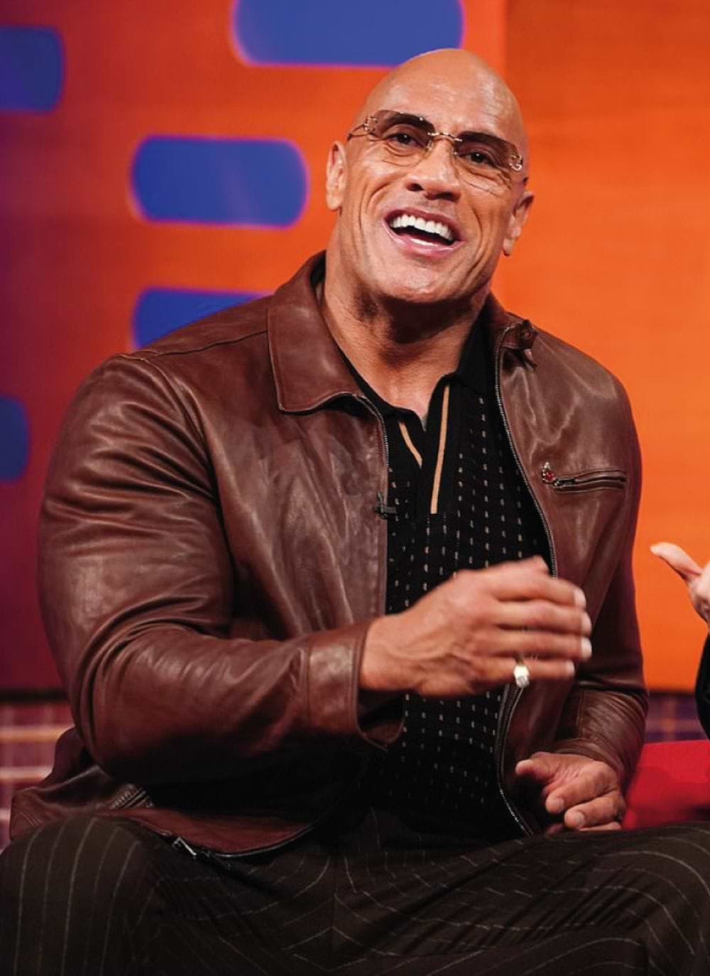 Dwayne The Rock Johnson wearing Percival Menswear textured knitted polo shirt on the Graham Norton Show in London
