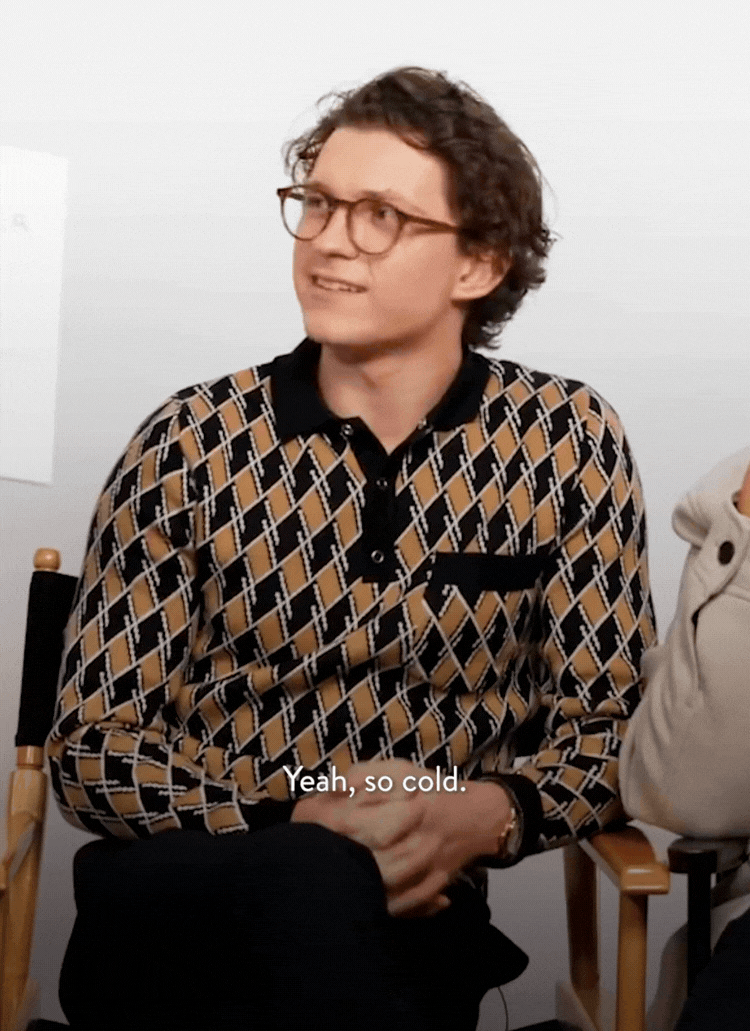 Tom Holland wearing knitted shirt by Percival Menswear