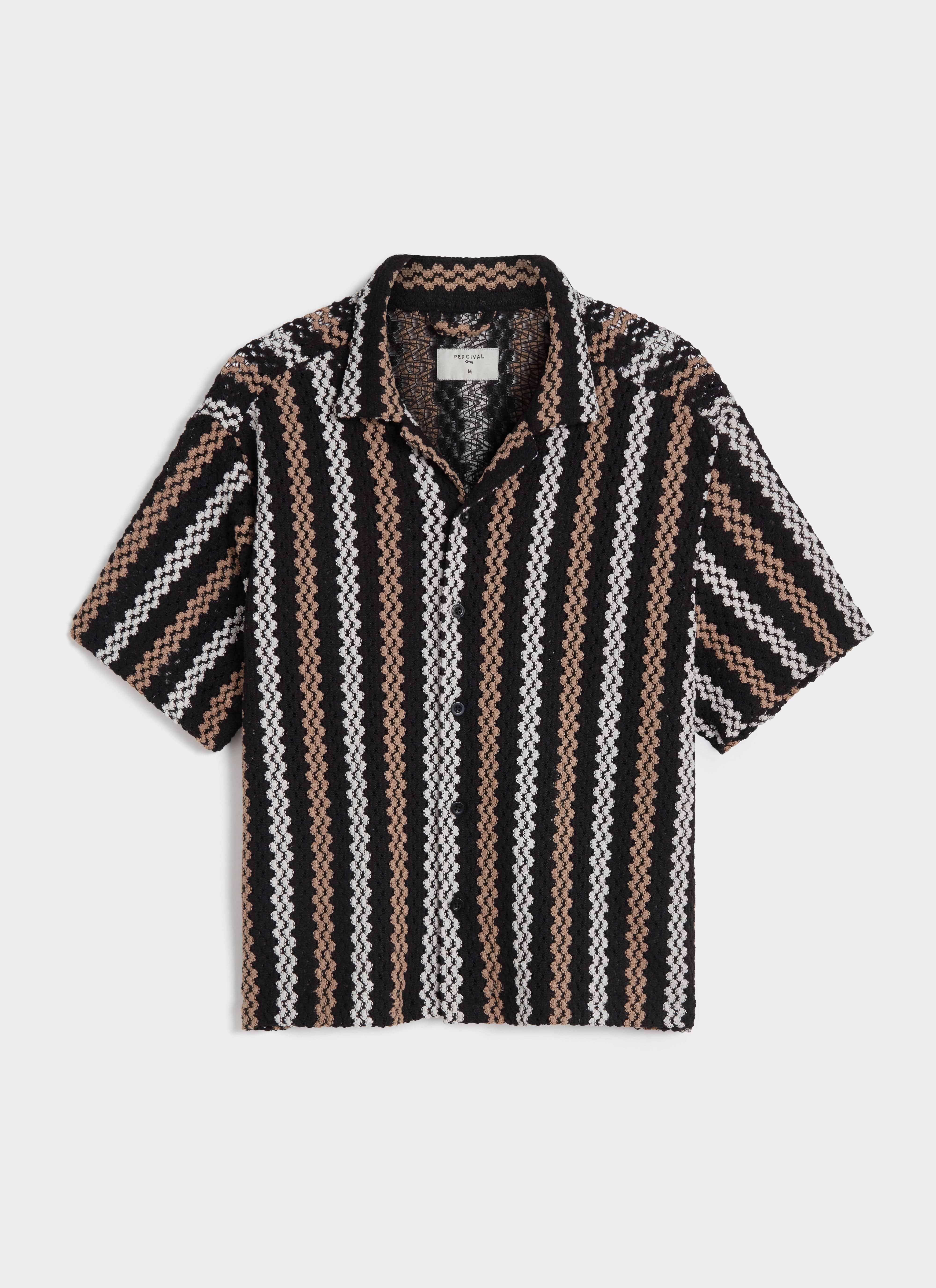 Front view of the Percival Wade Crochet Boxy Shirt in black, featuring textured vertical stripes and a revere collar.