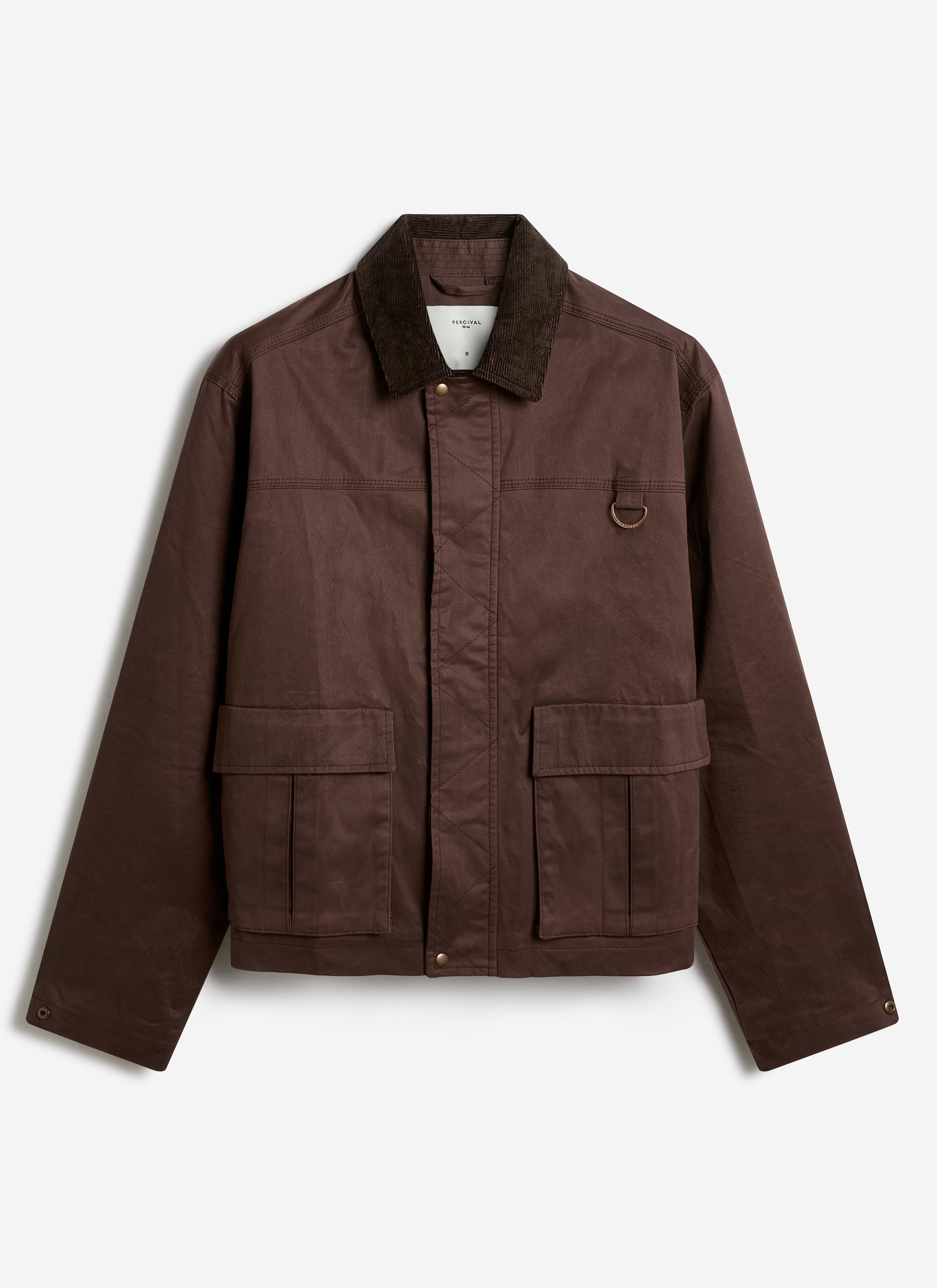 The espresso brown Percival Wax Zip Jacket in waxed cotton, featuring a corduroy collar and large patch pockets.