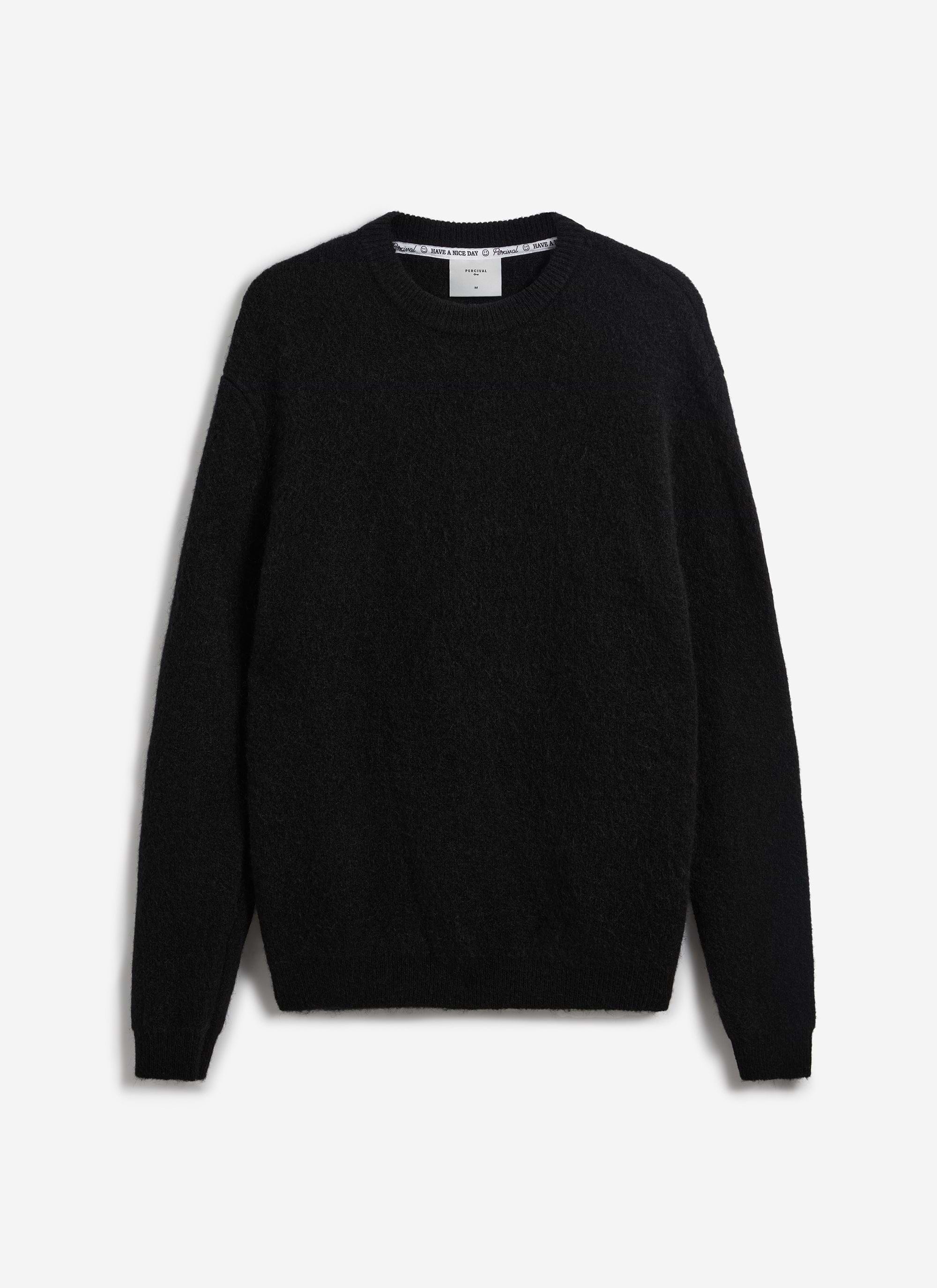 A front view of the black mohair White Glove Crew Neck Jumper from Percival, laid flat against a white background.