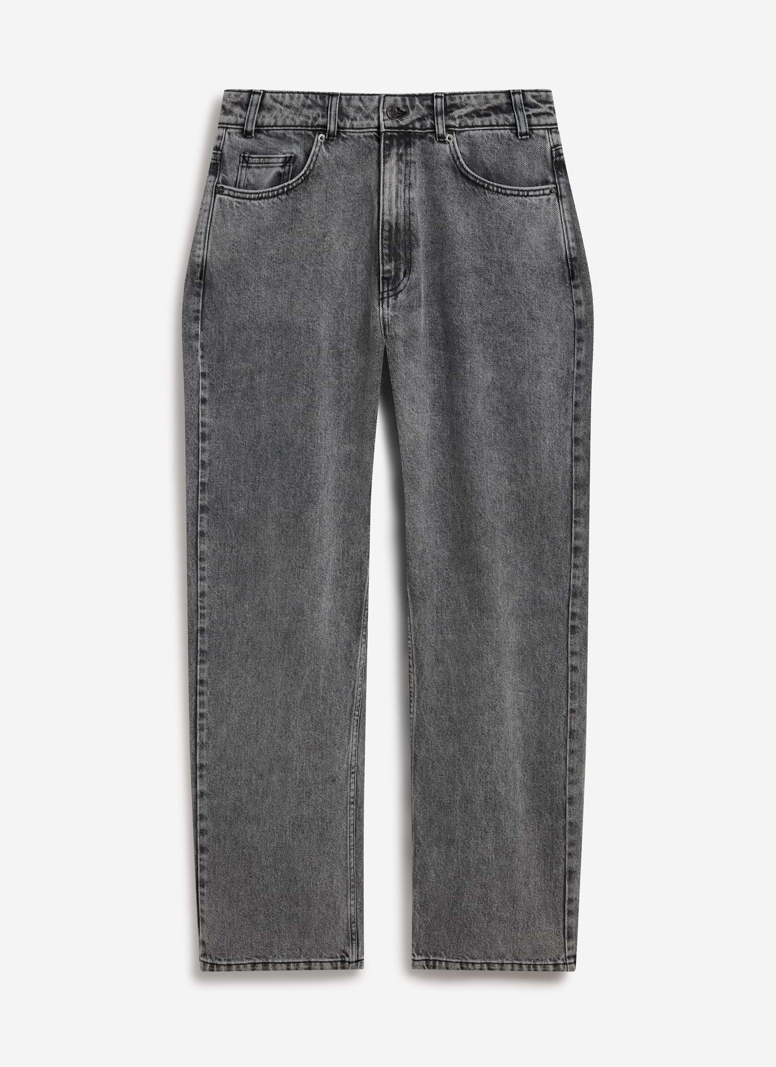 The Percival Wide Leg Denim Jeans in a warm grey wash, photographed from the front in a flat lay style.