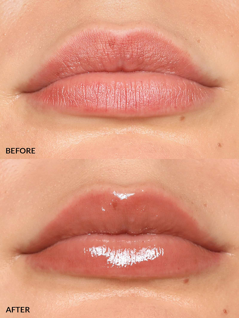 LIPS BEFORE AND AFTER REFY LIP GLOSS IN TAUPE