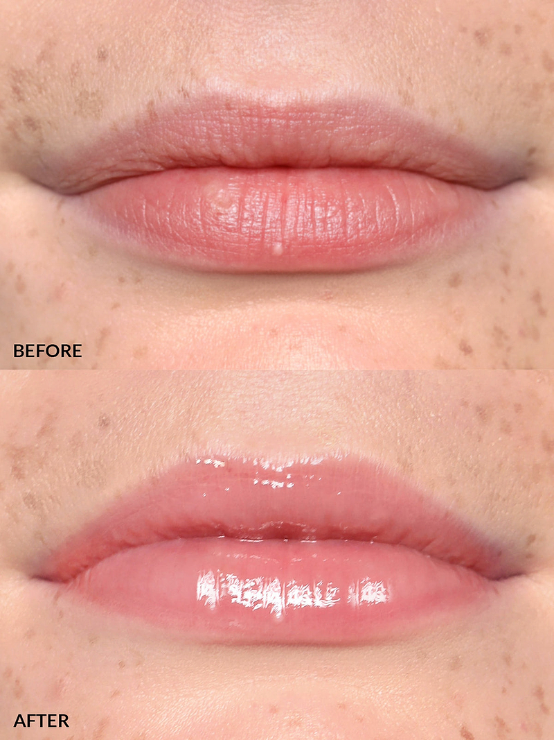 REFY LIP GLOSS IN SHADE BLUSH BEFORE & AFTER