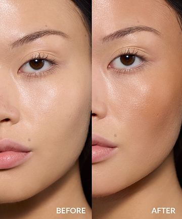 before and after of model wearing REFY cream bronzer in shade OAK