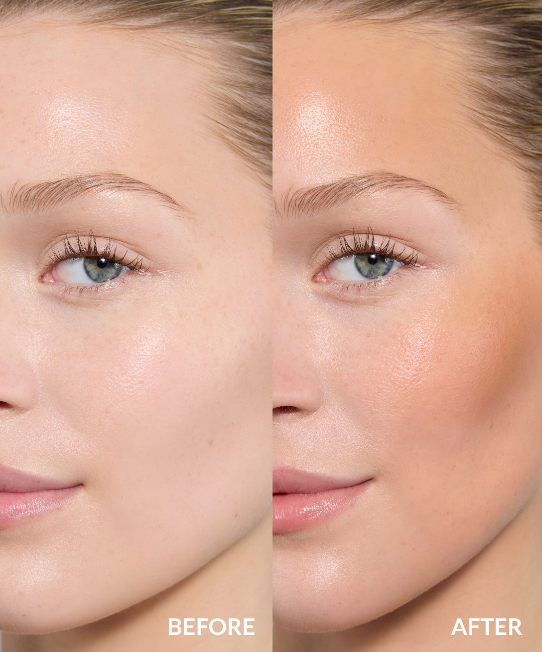 before and after of model wearing REFY cream bronzer in shade SAND