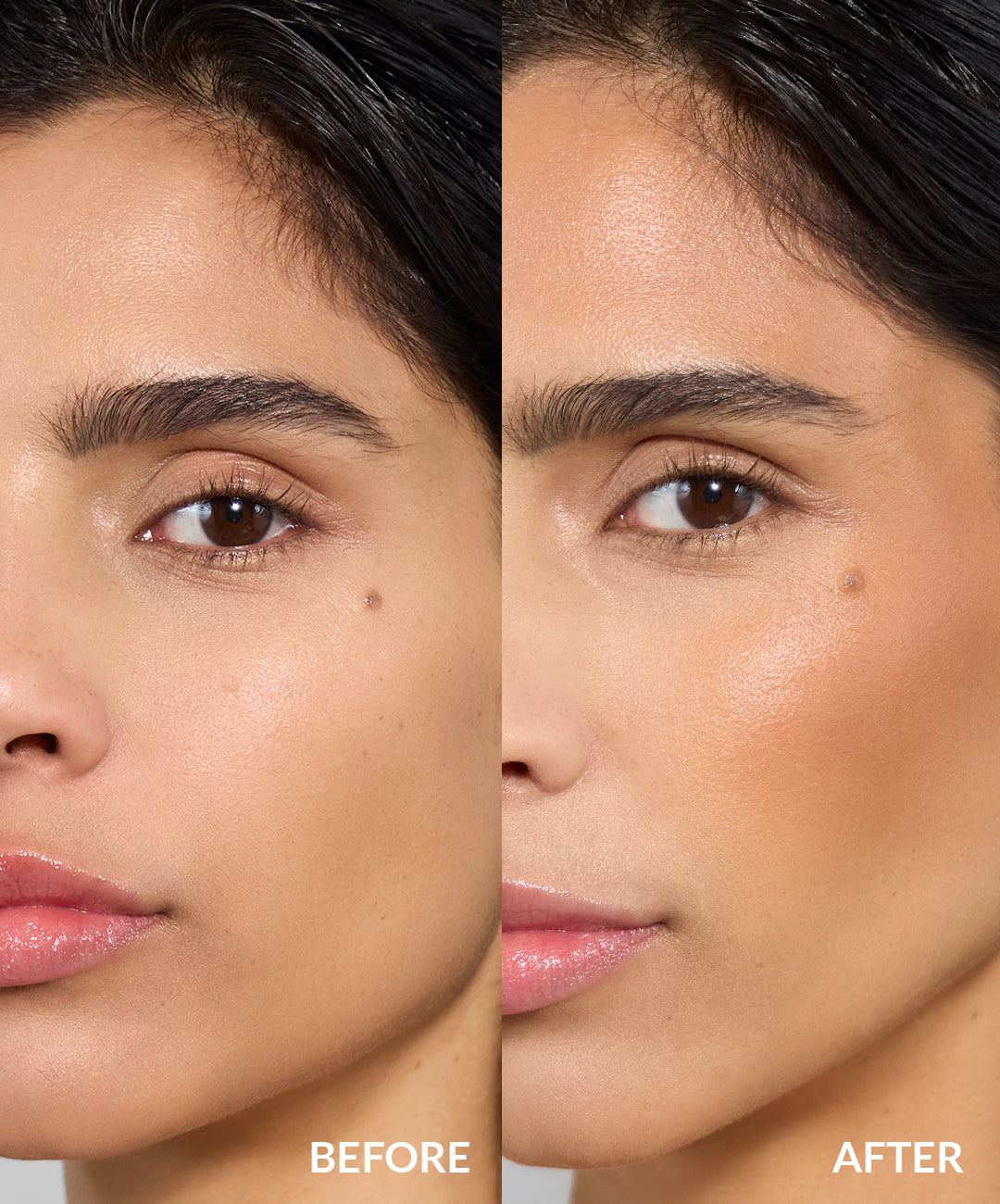 before and after of model wearing REFY cream bronzer in shade TAN