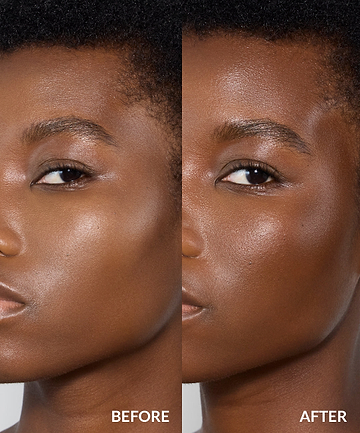 before and after of model wearing REFY cream bronzer in shade CEDAR