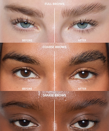 three images of the effects of REFY eyebrow gel on full brows, course brows and sparse brows 