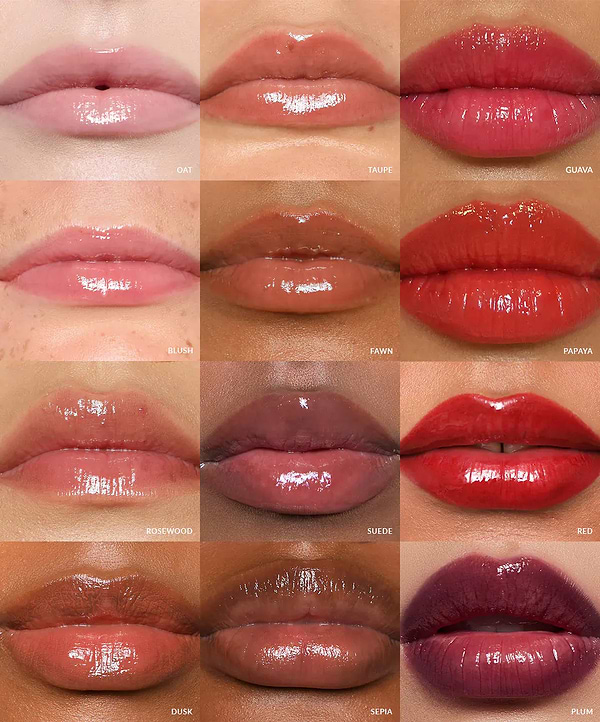 image of 12 models wearing different shades of REFY lip gloss in a grid format