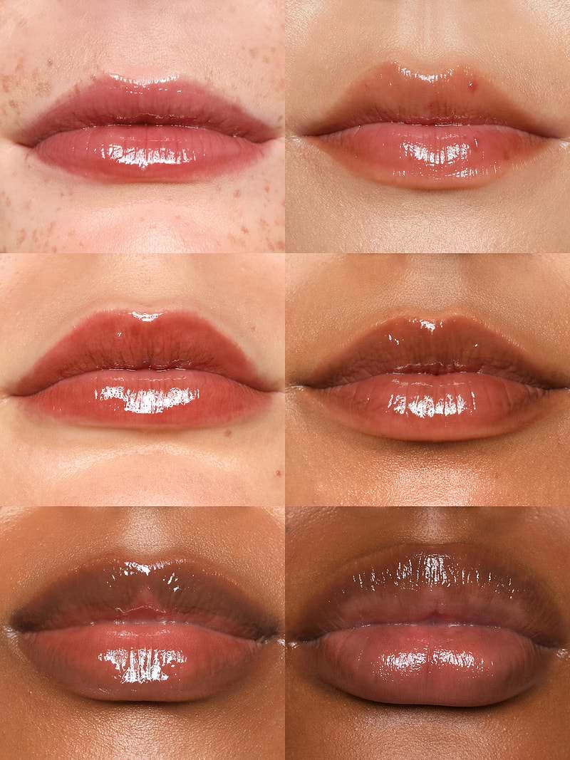 GRID OF REFY LIP GLOSS IN SHADE SEPIA ON DIFFERENT SKIN TONES