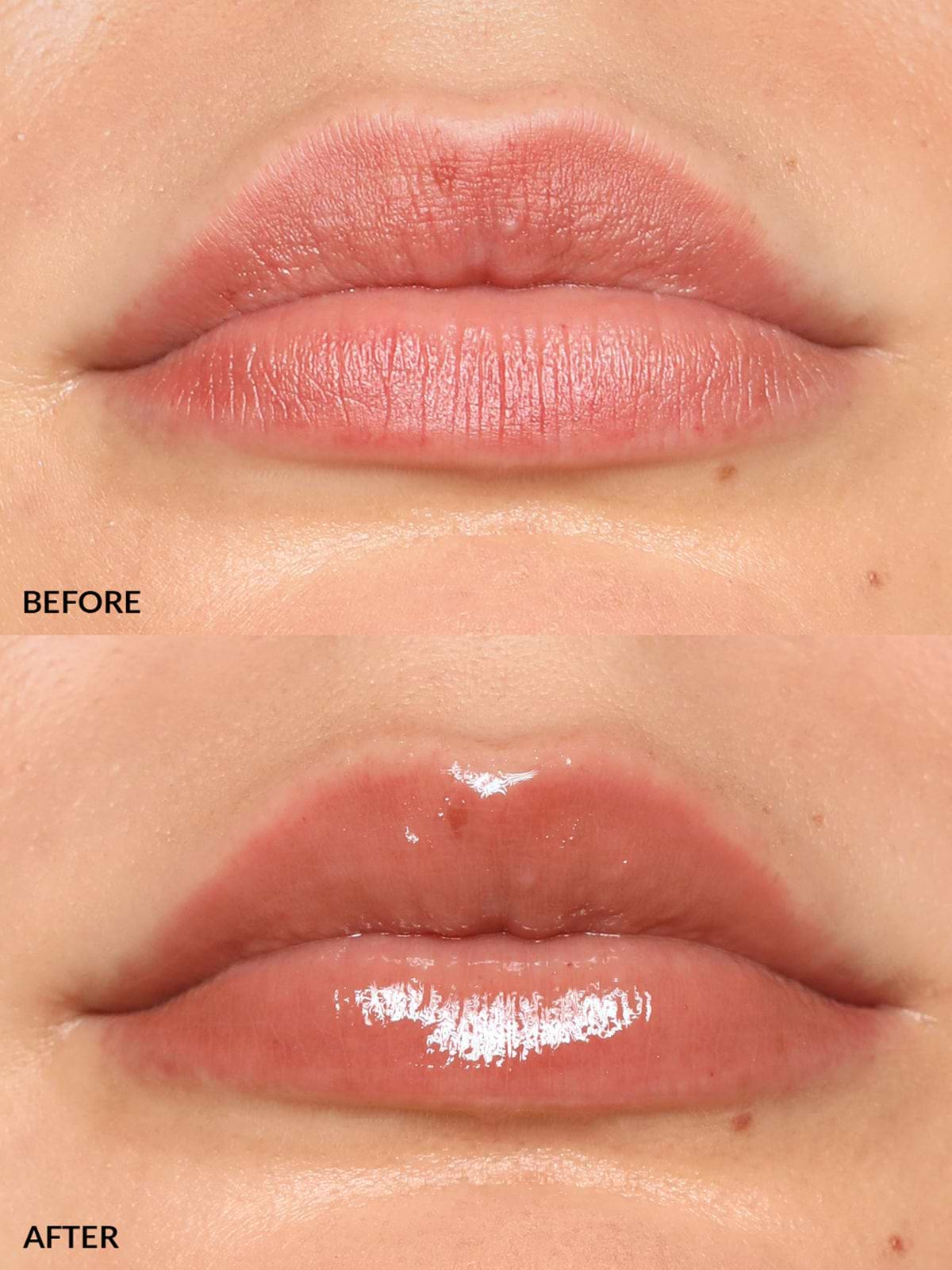 REFY LIP GLOSS IN SHADE TAUPE BEFORE & AFTER