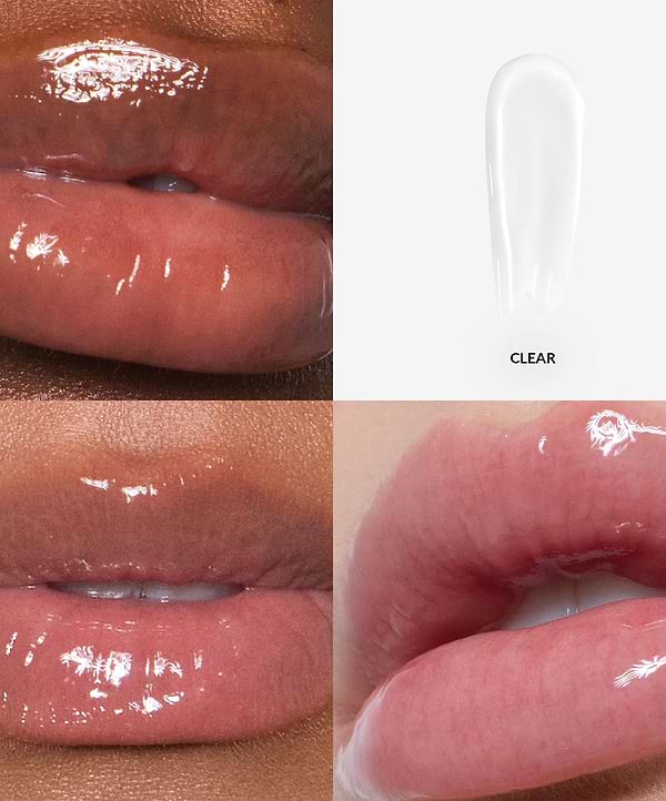 Close-up of glossy lips with a clear lip balm applicator labeled 'Clear'.