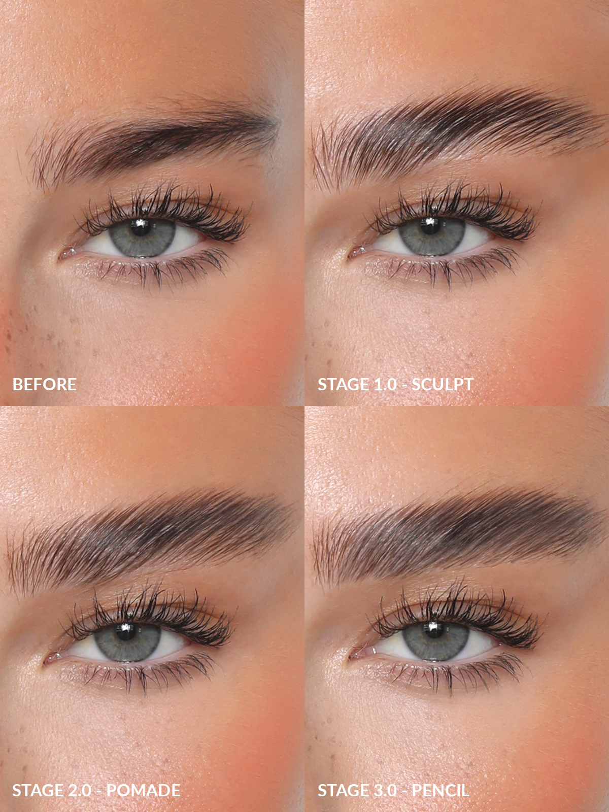 REFY 3.0 STAGE BROW COLLECTION STEP BY STEP. STAGE 1 - SCULPT. STAGE 2 - POMADE. STAGE 3 - PENCIL