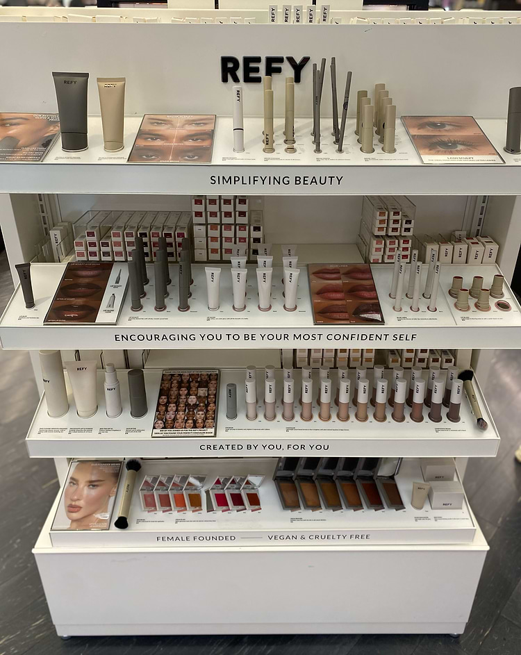 Display of REFY makeup products in a store setting