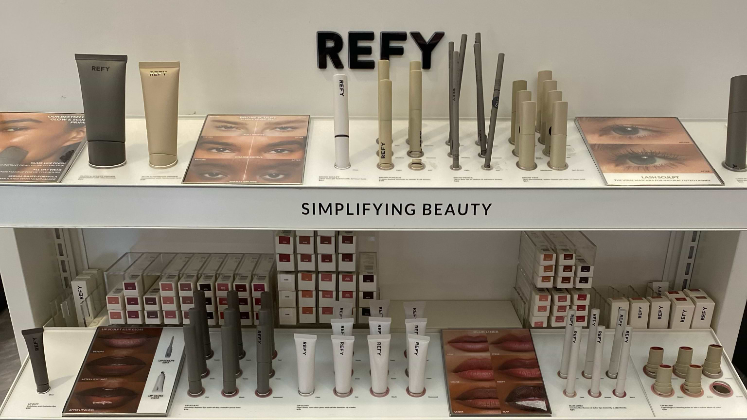 Display of REFY makeup products in a store setting