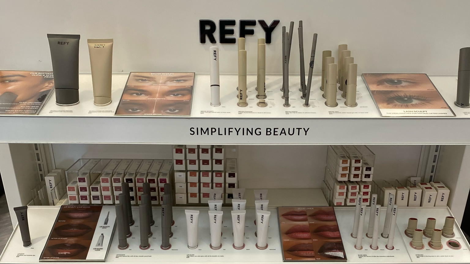 Display of REFY makeup products in a store setting