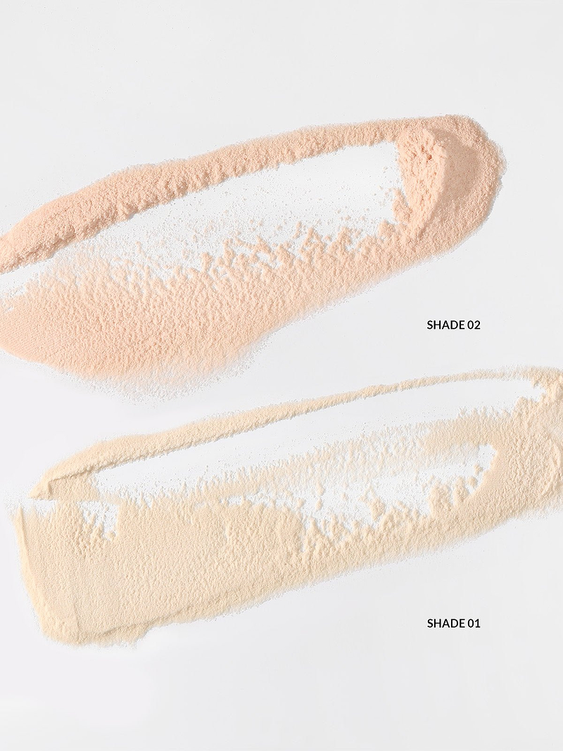 REFY SKIN FINISH SHADE SWATCH. SHADE 01 TRANSLUCENT WITH A YELLOW UNDERTONE. SHADE 02 TRANSLUCENT WITH A PINK UNDERTONE