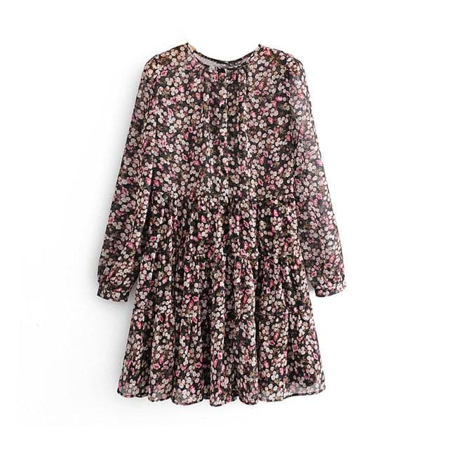 Floral Print Pleated Dress with Long Sleeve