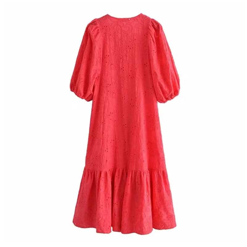 Floral Midi Dress with V Neck and Puff Sleeve