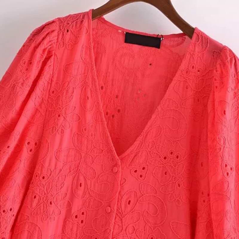 Floral Midi Dress with V Neck and Puff Sleeve