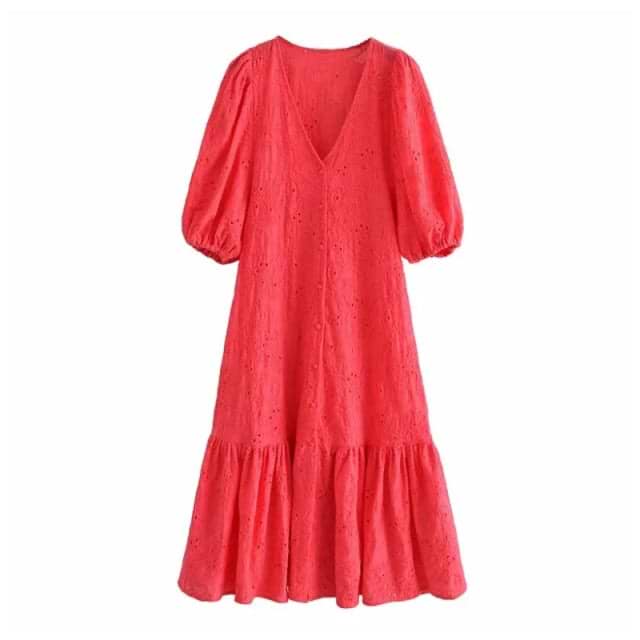 Floral Midi Dress with V Neck and Puff Sleeve