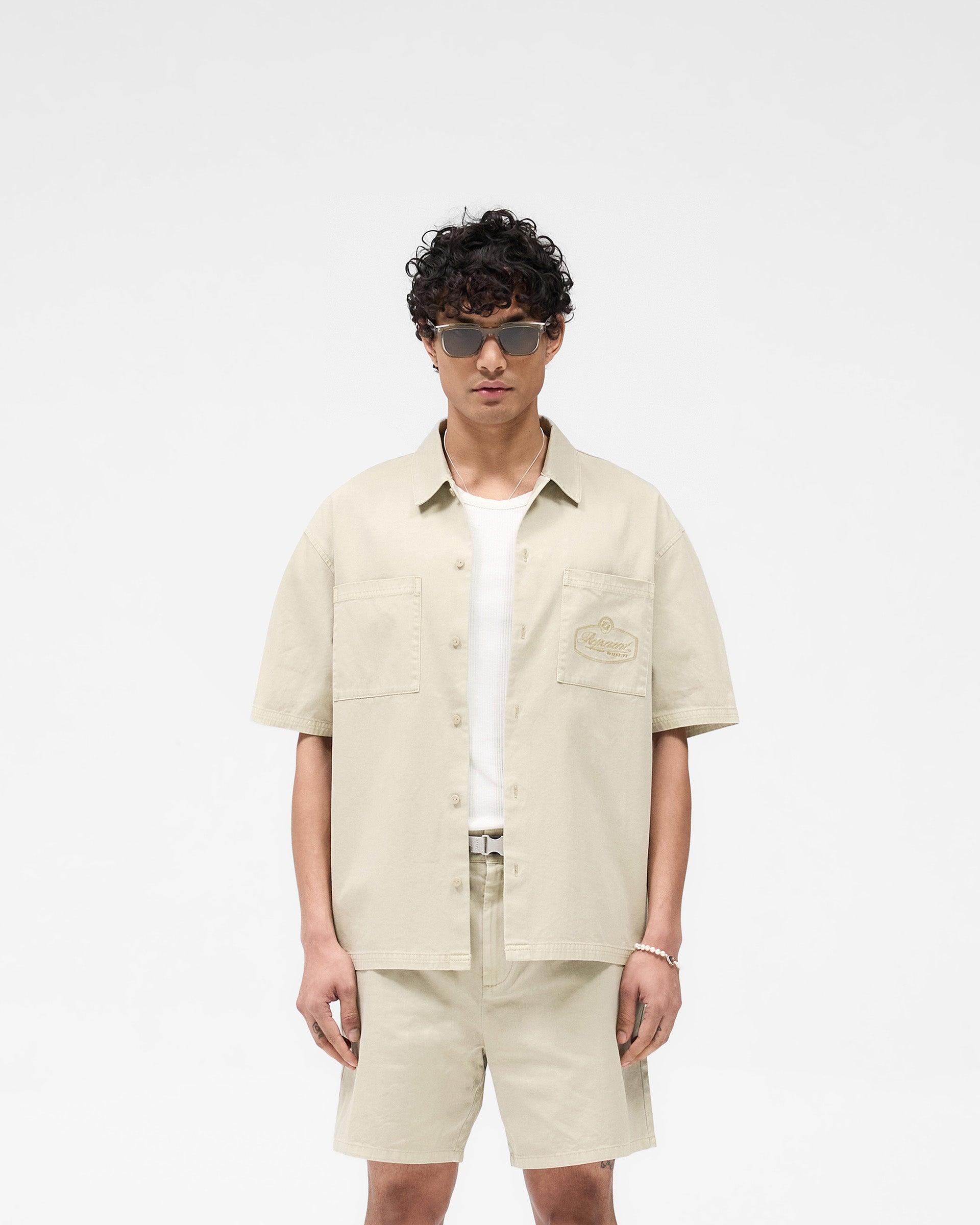Short Sleeve Cotton Overshirt - Beige