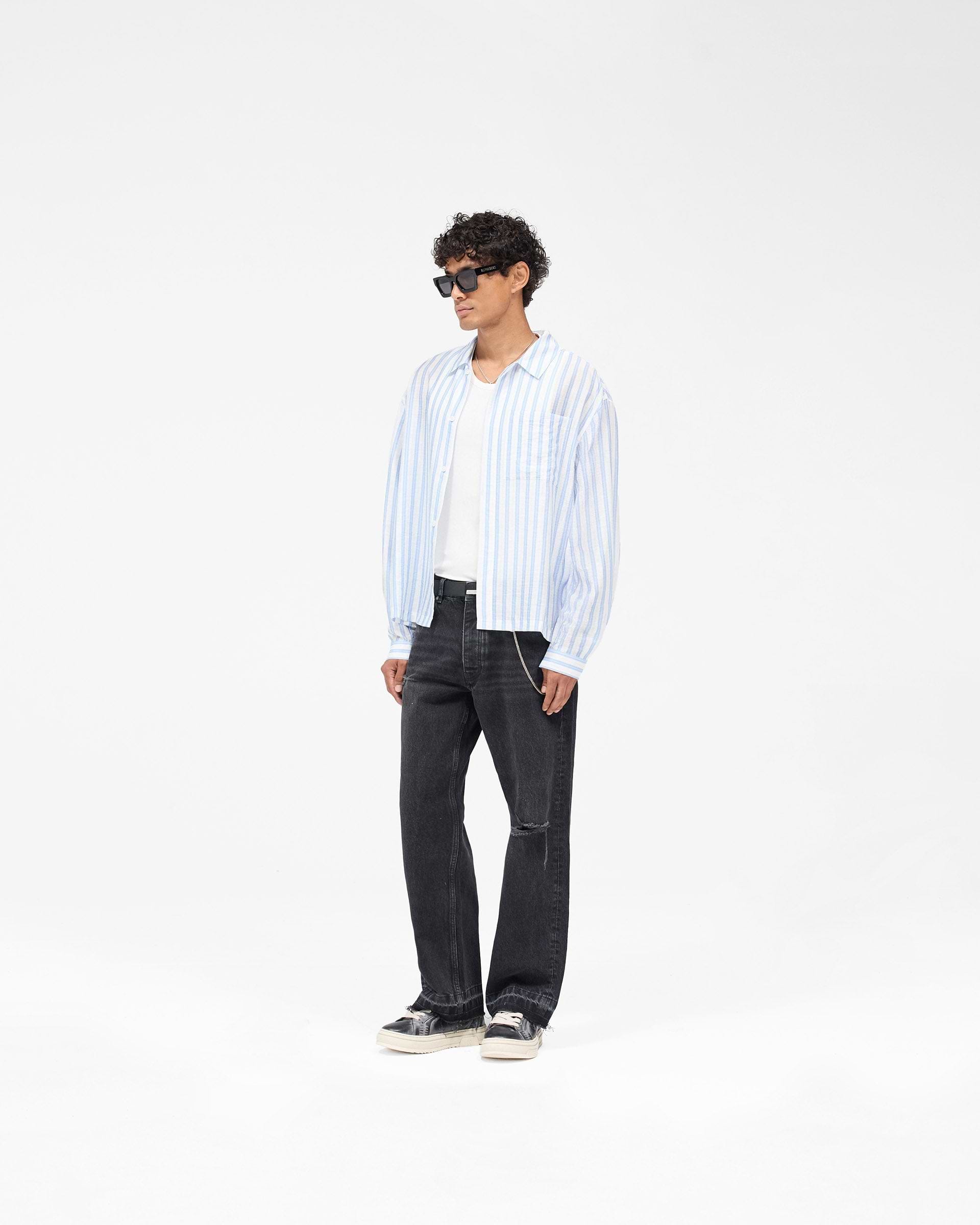 Long Sleeve Sheer Stripe Boxy Shirt - Ice Blue