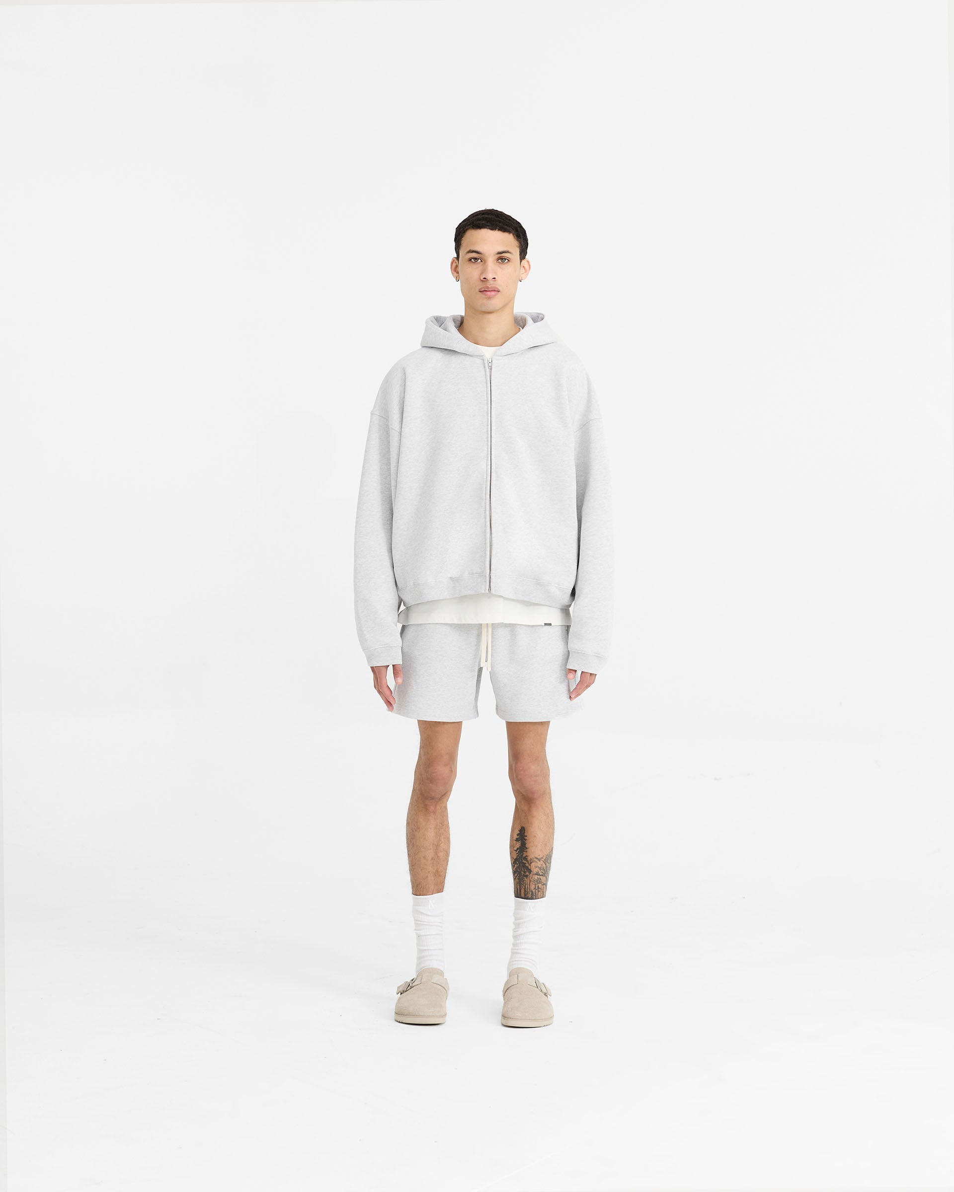 Initial Boxy Zip Through Hoodie - Ice Grey Marl