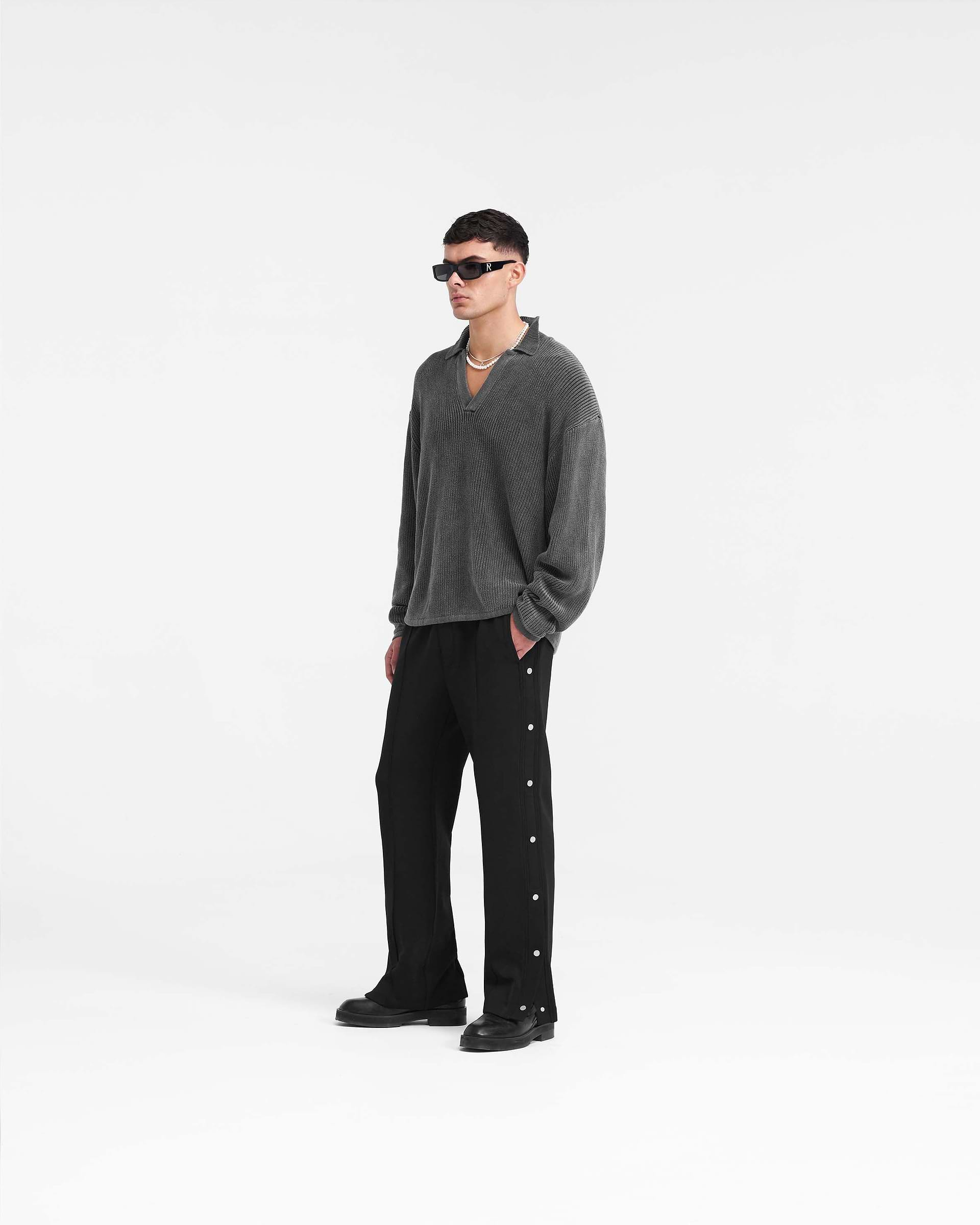 Ribbed Knit Oversized Polo - Washed Black