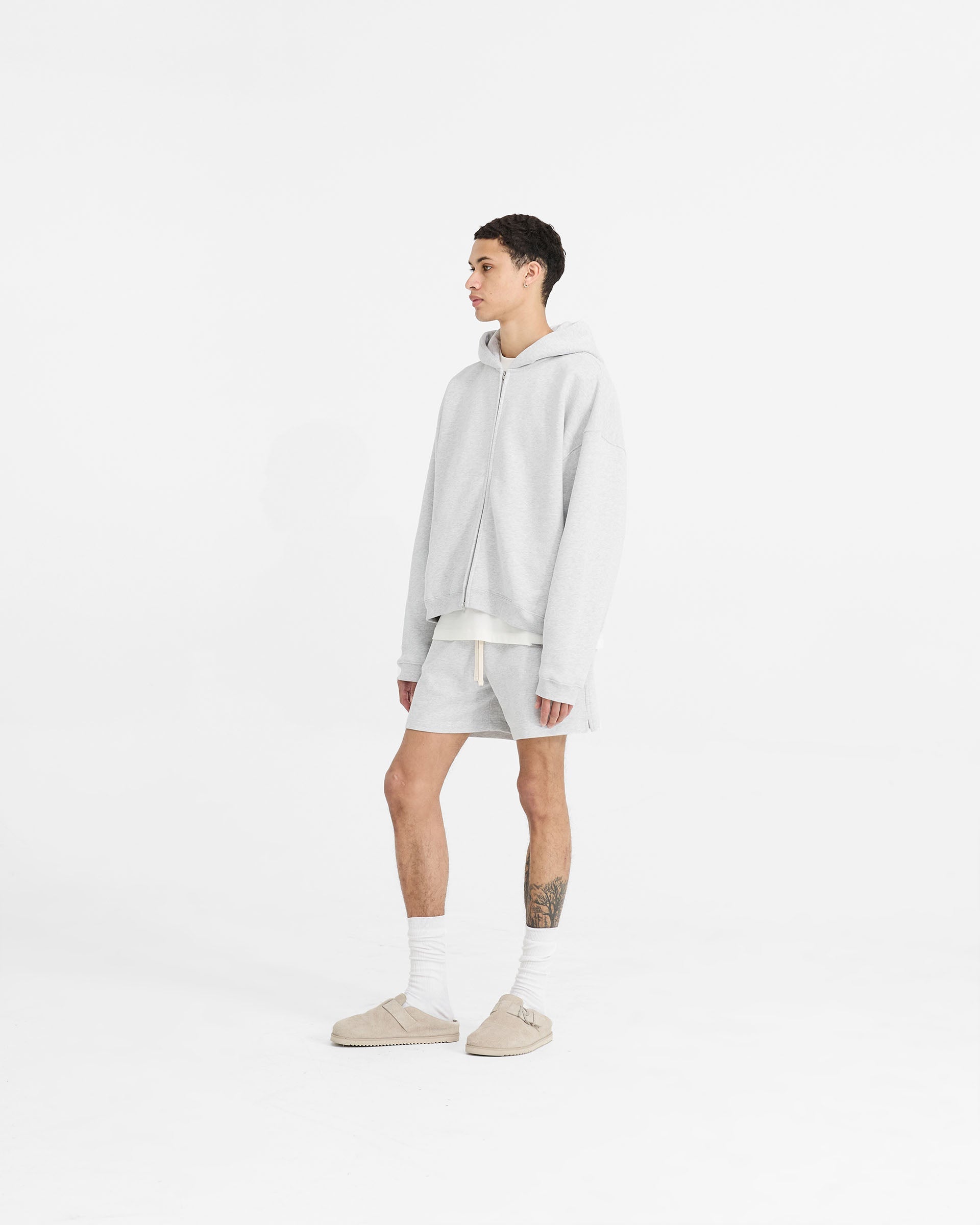 Initial Boxy Zip Through Hoodie - Ice Grey Marl